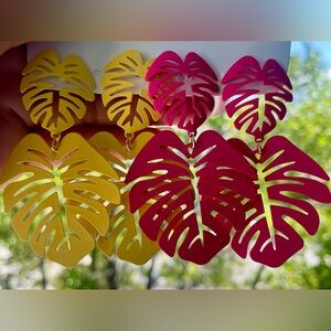 NWT- MFT Tropical Monstera Palm Leaf Earrings Set | Pink & Yellow | Resort Wear